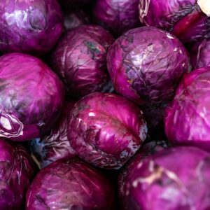 Fresh purple red cabbages showing texture and vibrant color, ideal for healthy eating imagery.