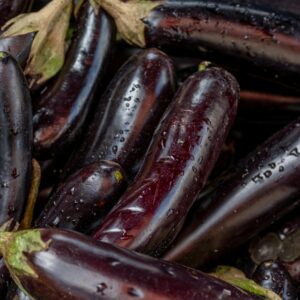 Close-up of fresh eggplants with water drops, showcasing their dark purple color and texture.