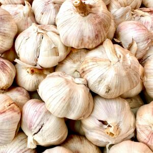 Abundant display of fresh garlic bulbs in Basora's market.