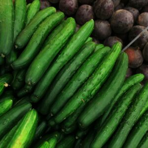 Vibrant stack of fresh organic cucumbers displayed at a local market.